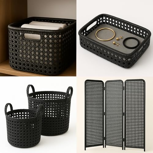 FEELOVE 16" x 108.2" Plastic Cane Webbing for Basket Making, Black Synthetic Rattan Roll for Crafting, Basketry Supplies, DIY Projects - Image 2