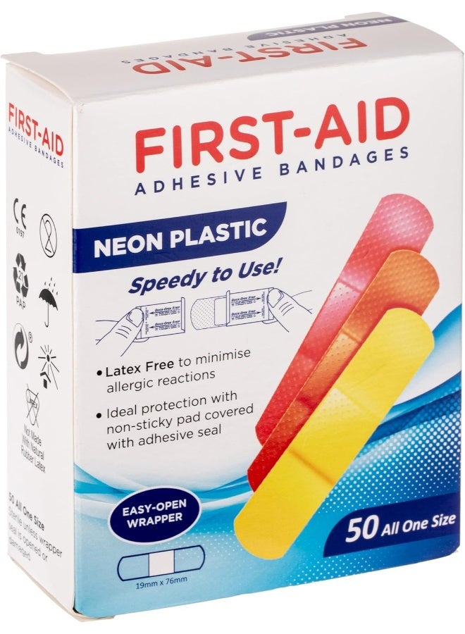 First Aid Neon Plastic Adhesive Bandages (19mm x 76mm)| Latex Free, Non-Stick Absorbent Pad, Easy Open Wrapper, Single Size Wound Care Bandage, 50 Pack - Image 1
