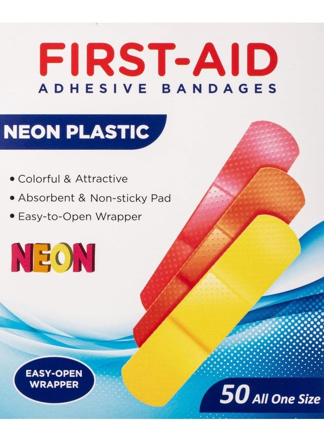 First Aid Neon Plastic Adhesive Bandages (19mm x 76mm)| Latex Free, Non-Stick Absorbent Pad, Easy Open Wrapper, Single Size Wound Care Bandage, 50 Pack - Image 2