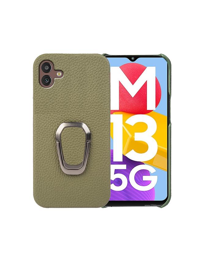 S-TOP Case For Samsung Galaxy M13 5G Ring Holder Litchi Texture Genuine Leather Phone Case - Image 1