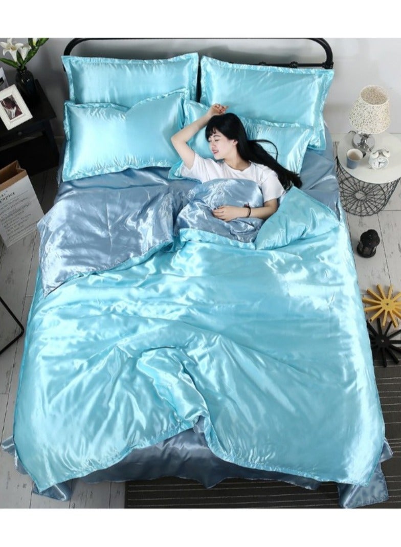 AL RAID King Size Light Blue Pure Silk Bed Sheet Set 4 Pieces Soft and Breathable Luxury Bed Sheet Set Includes 1 Quilt Cover 1 Bed Sheet and 2 Pillow Cases Solid Color 230x250 cm - Image 2