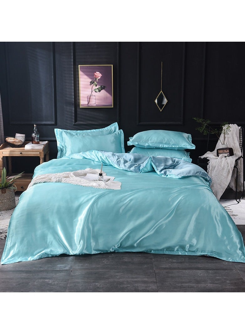 AL RAID King Size Light Blue Pure Silk Bed Sheet Set 4 Pieces Soft and Breathable Luxury Bed Sheet Set Includes 1 Quilt Cover 1 Bed Sheet and 2 Pillow Cases Solid Color 230x250 cm - Image 1