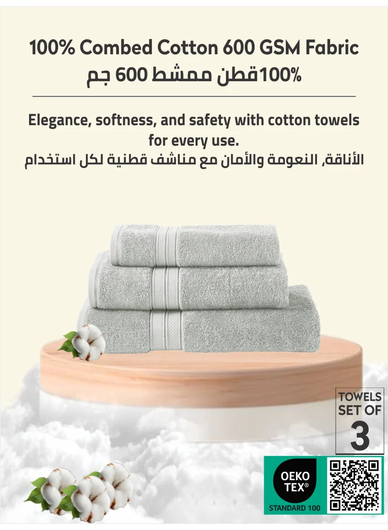 Donetella Light Grey Premium Towel 3-Pcs Set, 100% Combed Cotton 600 GSM, Highly Absorbent, Quick Dry Towel Set Include 1 Bath Towel, 1 Bath Sheet, 1 Hand Towel, Best Set for Bathroom Gym, Hotel And Spa,White  | Best Price UAE