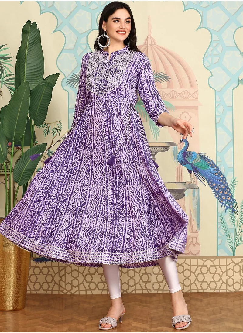 آي شين Aline Fit Self Design Pattern Mandarin Collar Neck Long Sleeves Lavender Colour Woven Cotton Kurtas for Women with Semi Elastic Closure - Crafted for Elegance and Ease