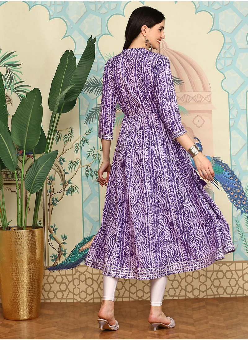 آي شين Aline Fit Self Design Pattern Mandarin Collar Neck Long Sleeves Lavender Colour Woven Cotton Kurtas for Women with Semi Elastic Closure - Crafted for Elegance and Ease