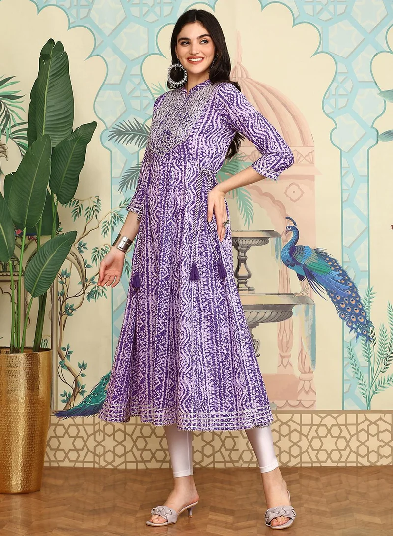 ISHIN Women's Lavender 100% Cotton Self Design A-Line Kurta