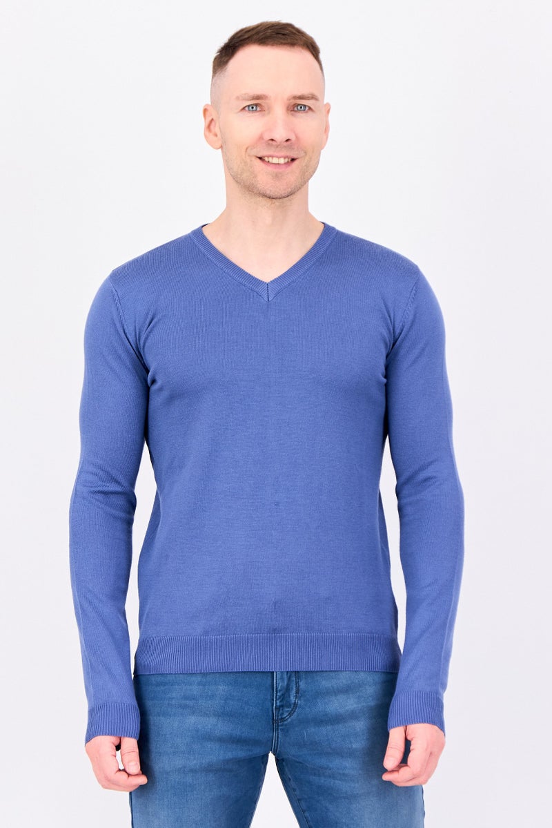 Sorbino Men V Neck Knitted Long Sleeve Sweater, Blue - Image 1
