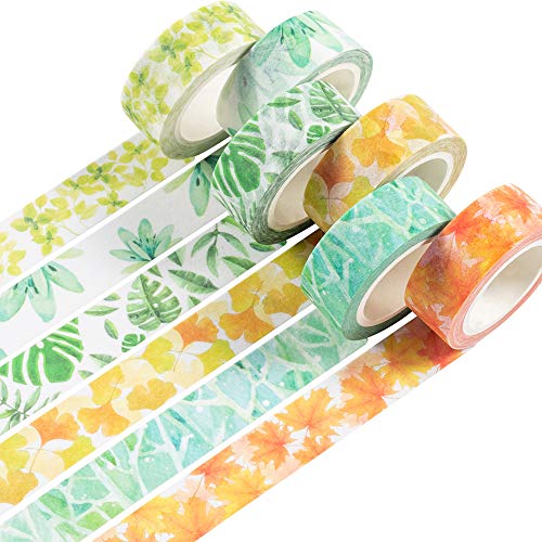 YUBBAEX Lush Plants Washi Tape Set 6 Rolls Floral Masking Decorative Tapes 15mm Wide (Feeling of Leaves) - Image 1