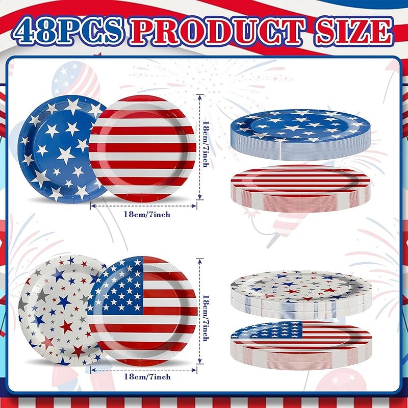 ITTEBISS 48Pcs 4th of July Plates, 4th of July Decorations American Flag Patriotic Party Supplies Disposable Paper Plates for Memorial Day Veterans Day Independence Day Party Decorations - Image 2