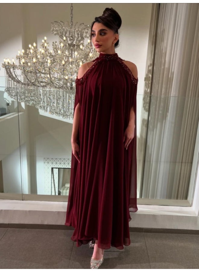 NICE MODEL Royal Burgundy High Neck Halter Evening Gown - Luxury Embroidered Floor Length Formal Dress - Image 2
