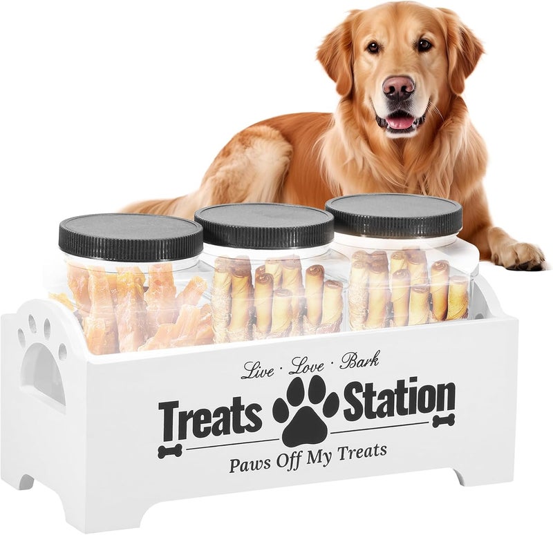 Dandelionsky Dog Treat Container with 3 Dog Treat Jars, Cute Wooden Farmhouse Style Pet Food Storage Organizer (White-3 Jar, Wooden Box: 29x13x13cm, Jar: 14.5x9.5cm) - Image 1