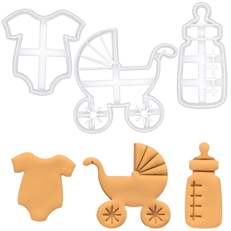 BAKERLOGY Set of 3 Baby Themed Cookie Cutters Designs Baby Bottle Clothes and Pram  Detailed Biscuit Cutter Design for Baking and Crafts Ideal on Fondant Dough Clay