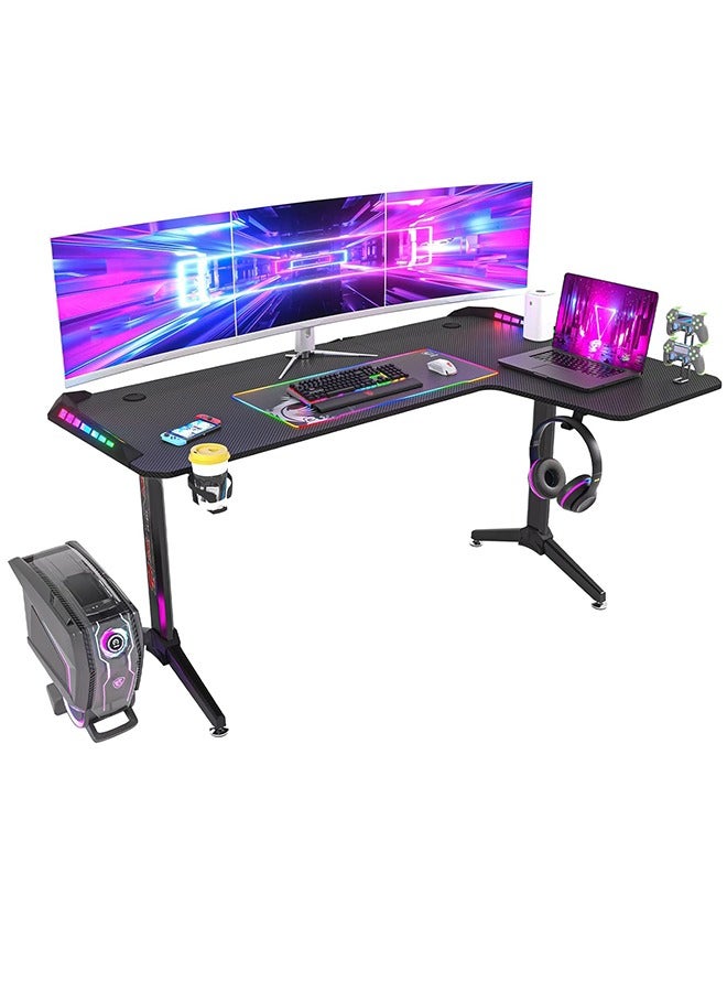 RGB LED Computer Gaming Desk L Shape Corner Desk Larger Game Table 160cm x 100cm Carbon Fiber Black Desktop Gamer Desks with 6 Colors 8 Modes RGB Light Durable Headphone Hook and Cup Holder Right - Image 1