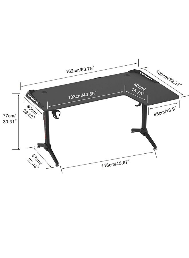 RGB LED Computer Gaming Desk L Shape Corner Desk Larger Game Table 160cm x 100cm Carbon Fiber Black Desktop Gamer Desks with 6 Colors 8 Modes RGB Light Durable Headphone Hook and Cup Holder Right - Image 2