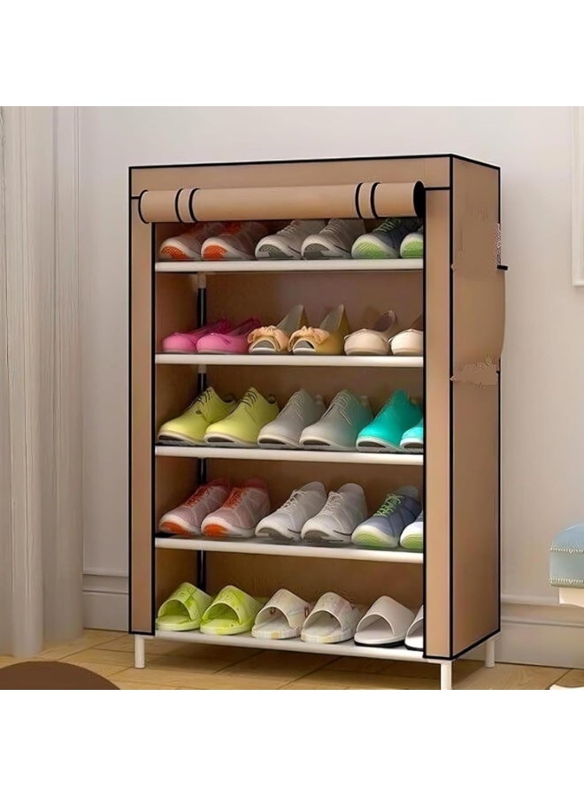 رولستيمي منظم أحذية محمول بـ 5 طبقات مع غطاء قماش غير منسوج مقاوم للغبار - رف تخزين خفيف الوزن ومقاوم للماء للمداخل وغرف النوم والممرات - لون بني قهوة - Image 1