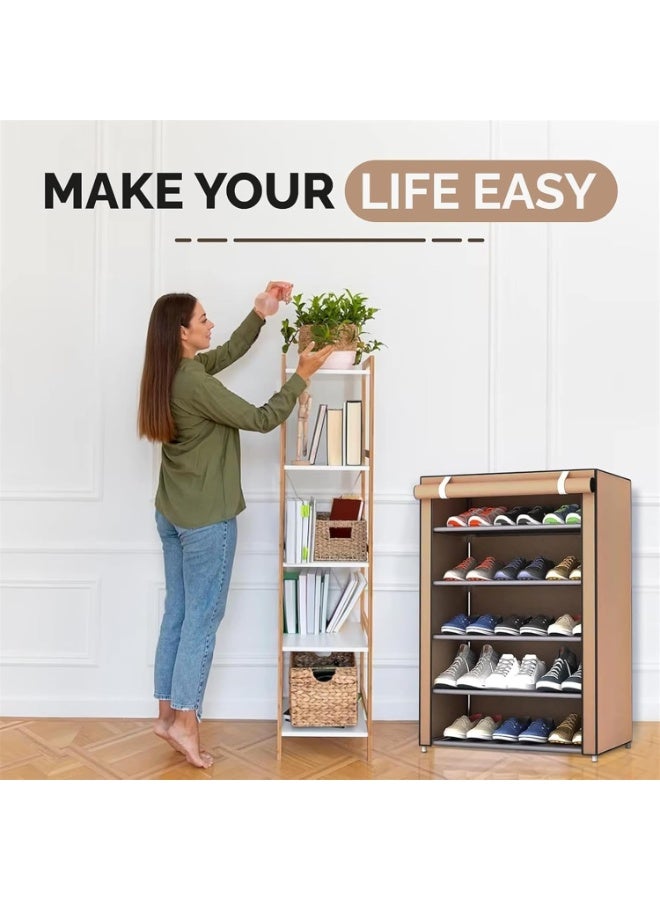 رولستيمي منظم أحذية محمول بـ 5 طبقات مع غطاء قماش غير منسوج مقاوم للغبار - رف تخزين خفيف الوزن ومقاوم للماء للمداخل وغرف النوم والممرات - لون بني قهوة - Image 5