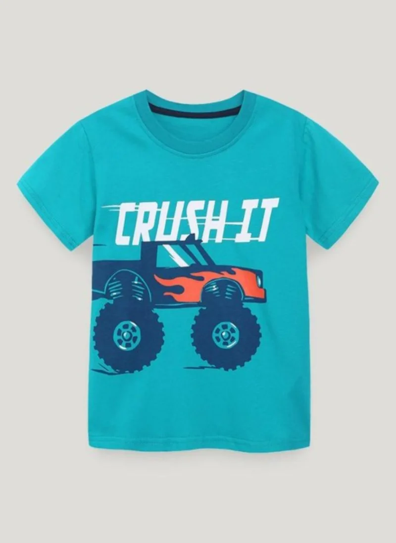 YUNIQEE Turquoise Blue Graphic Printed Round Neck Cotton T-shirt