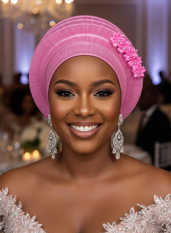 ووي أغطية رأس نسائية من Woeoe، مصنوعة من الجيلي، مزينة بزهرة ذهبية، عمامة أفريقية، قبعة صوفية جاهزة للارتداء (مقاس أمريكي، ألفا، مقاس واحد، كبير، وردي) - Image 5