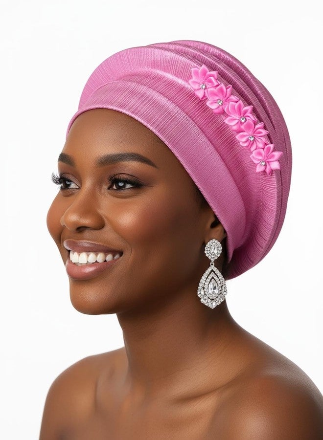 ووي أغطية رأس نسائية من Woeoe، مصنوعة من الجيلي، مزينة بزهرة ذهبية، عمامة أفريقية، قبعة صوفية جاهزة للارتداء (مقاس أمريكي، ألفا، مقاس واحد، كبير، وردي) - Image 4