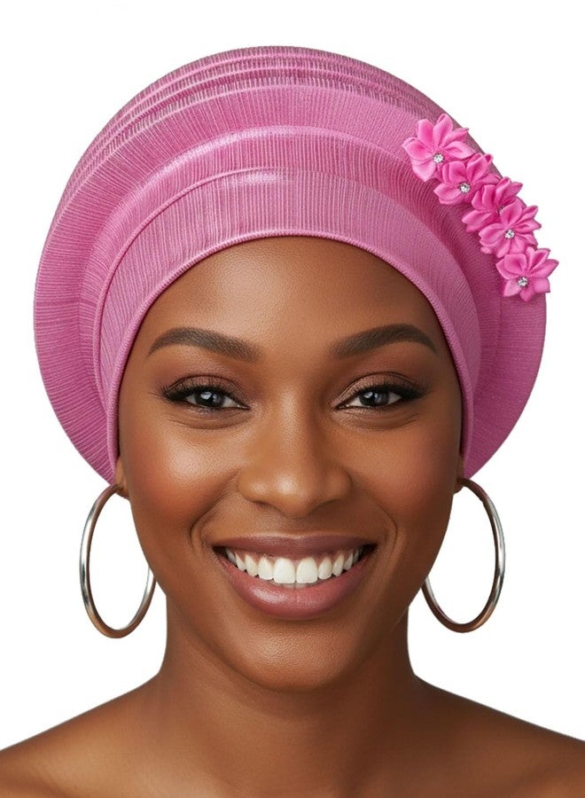 ووي أغطية رأس نسائية من Woeoe، مصنوعة من الجيلي، مزينة بزهرة ذهبية، عمامة أفريقية، قبعة صوفية جاهزة للارتداء (مقاس أمريكي، ألفا، مقاس واحد، كبير، وردي) - Image 1