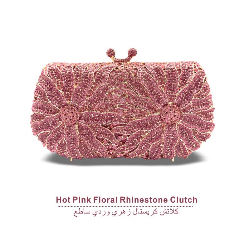 Floral Crystal Rhinestone Evening Clutch Bag, Bow Metal Frame Formal Party Handbag Women Wedding Dinner Purse