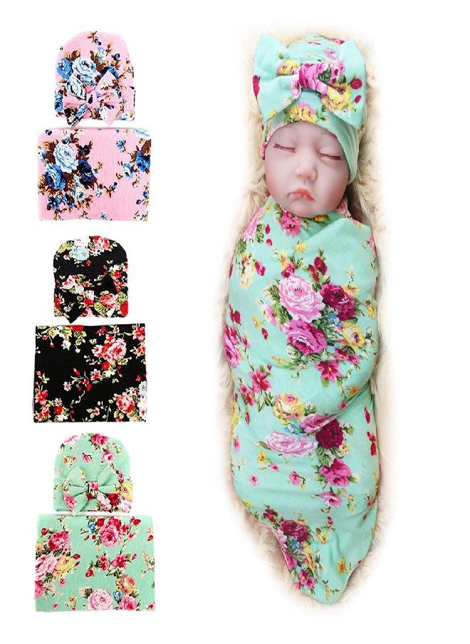 DRESHOW DRESHOW BQUBO Newborn Floral Receiving Blankets Newborn Baby Swaddling Hats Sleepsack Toddler Warm 3 Pack  - Image 5
