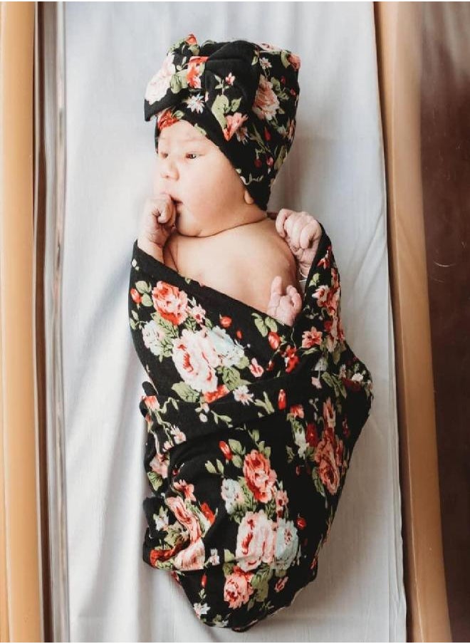 DRESHOW DRESHOW BQUBO Newborn Floral Receiving Blankets Newborn Baby Swaddling Hats Sleepsack Toddler Warm 3 Pack  - Image 2