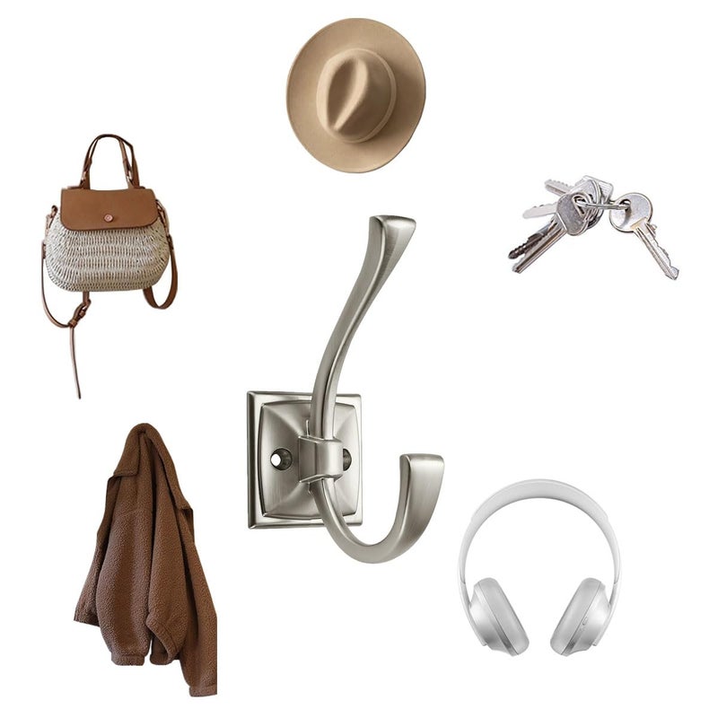 CABDM 5 Pack Decorative Heavy Duty Towel Hooks for Hanging Robe Double Satin Nickel Coat Hooks Wall Mounted with Screws for Key, Towel, Bags, Cup, Hat - Image 3
