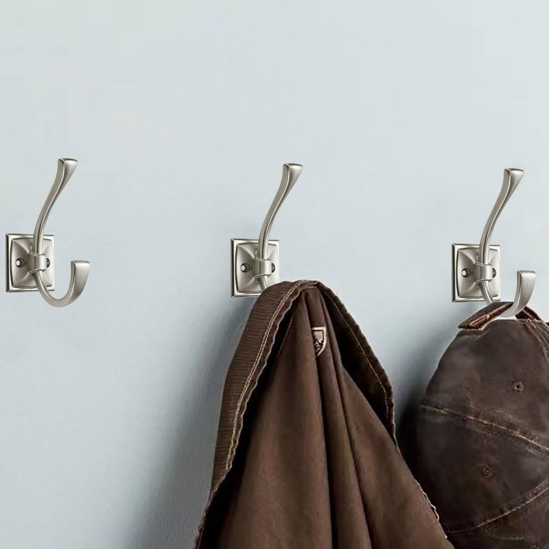 CABDM 5 Pack Decorative Heavy Duty Towel Hooks for Hanging Robe Double Satin Nickel Coat Hooks Wall Mounted with Screws for Key, Towel, Bags, Cup, Hat - Image 4