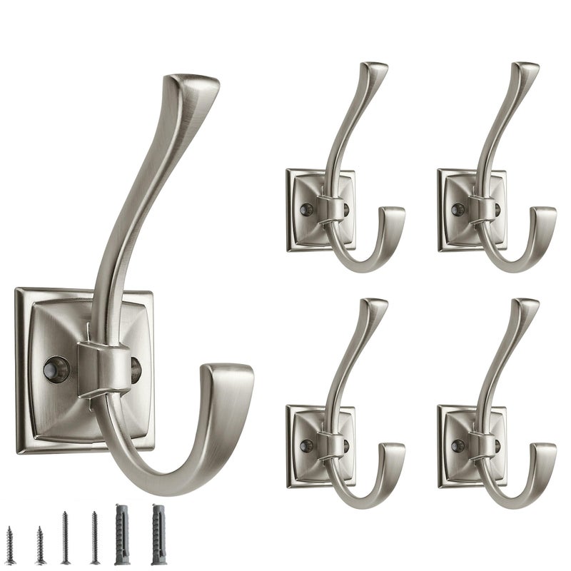 CABDM 5 Pack Decorative Heavy Duty Towel Hooks for Hanging Robe Double Satin Nickel Coat Hooks Wall Mounted with Screws for Key, Towel, Bags, Cup, Hat - Image 1