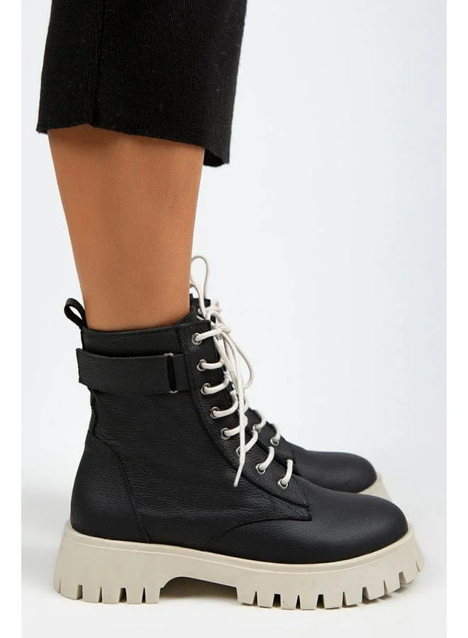 Manijero  Adel Women's Genuine Leather Lace-up Inside-Zip Black-Beige Boot for Women | Best Price UAE