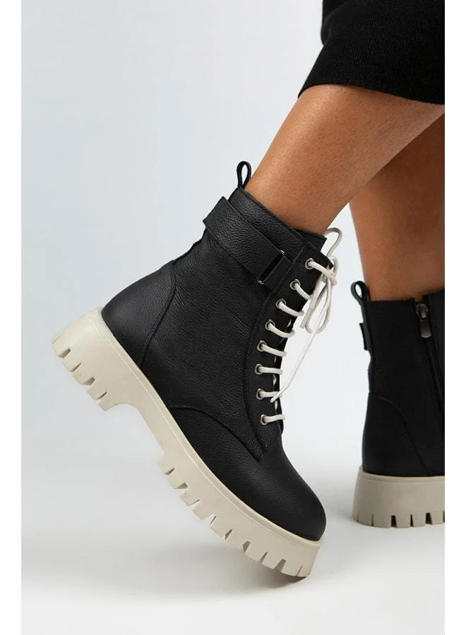 Adel Women's Genuine Leather Lace-up Inside-Zip Black-Beige Boot