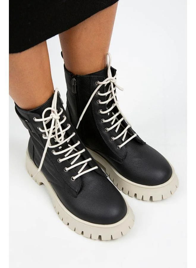Manijero  Adel Women's Genuine Leather Lace-up Inside-Zip Black-Beige Boot for Women | Best Price UAE