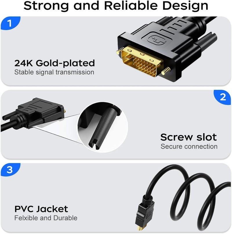 Tobo DVi to HDMI Cable, 5ft HDMI Male to DVI-D Male Bi-Directional Adapter Cable, HDMI to DVI-D 24+1 High Speed Cable Support 1080P HD for Raspberry Pi, R-ku, Xbox One, PS5 TD-1203H - Image 3