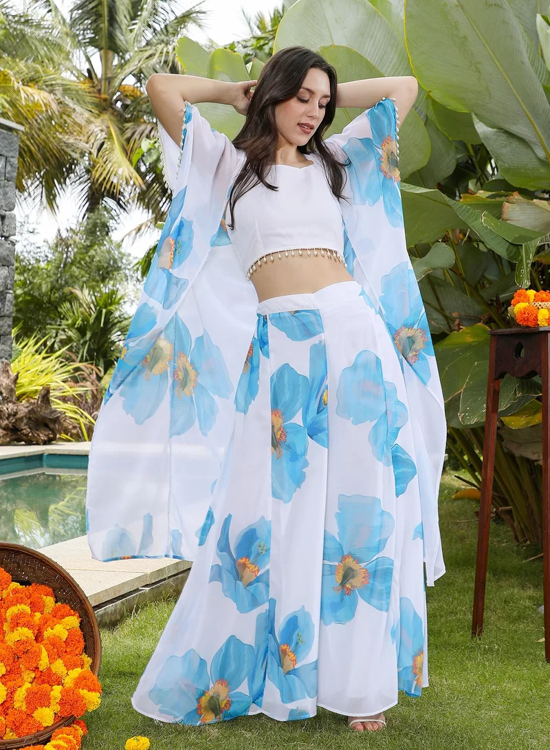 Qissa  Women's All-Over-Floral Co-Ord Set For Ethnic Wear | Open-Front Neck, Quarter Kimono Sleeves | Floral Print Plain Woven Fabric | 3 Piece Co-Ords Designed For Casual & Daily Wear | Sky Blue for Women | Best Price UAE
