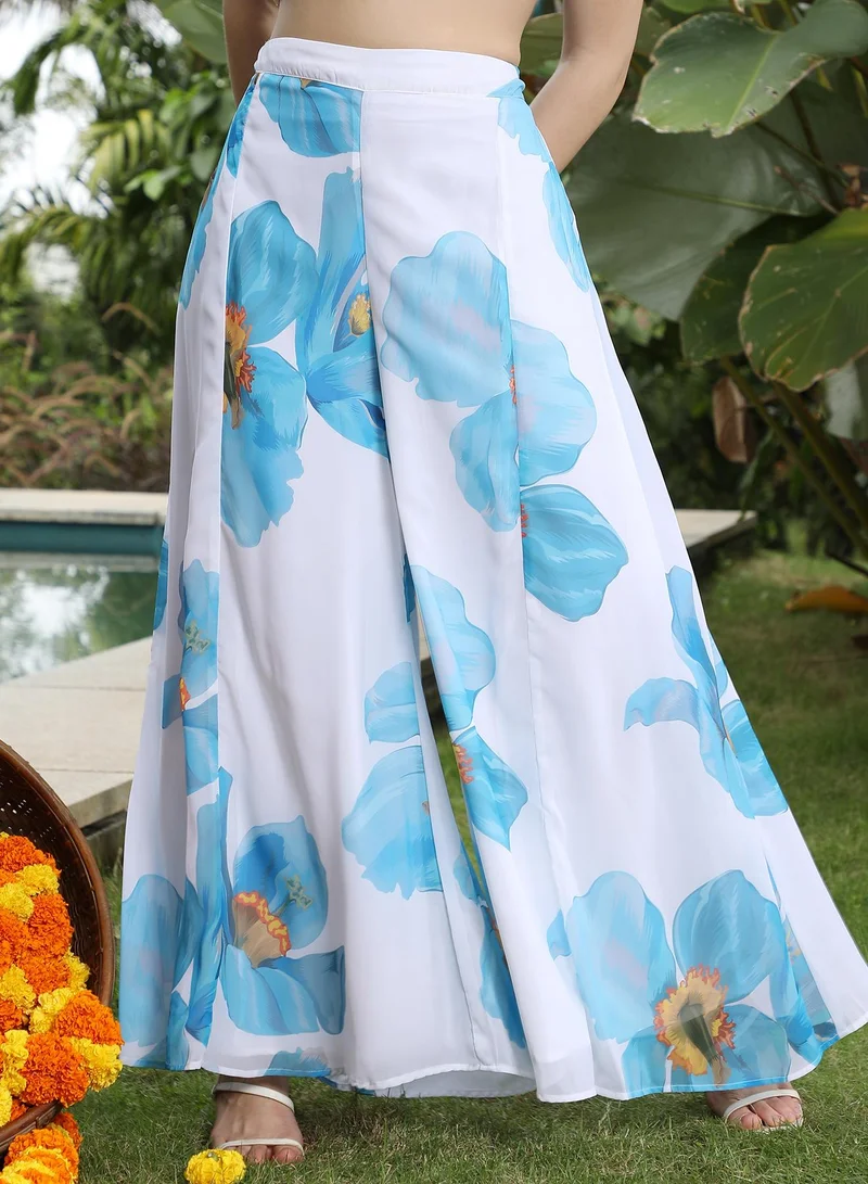 Qissa  Women's All-Over-Floral Co-Ord Set For Ethnic Wear | Open-Front Neck, Quarter Kimono Sleeves | Floral Print Plain Woven Fabric | 3 Piece Co-Ords Designed For Casual & Daily Wear | Sky Blue for Women | Best Price UAE