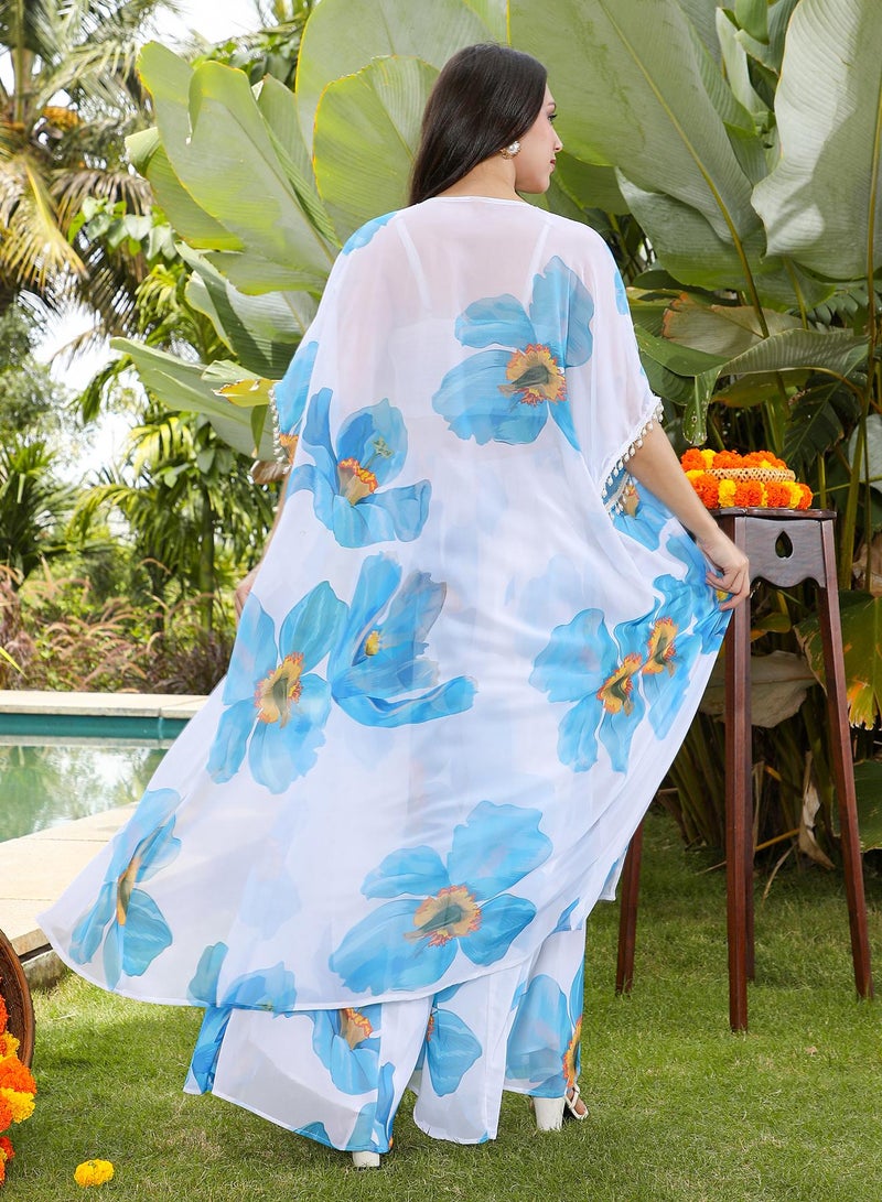 QISSA Women's All-Over-Floral Co-Ord Set For Ethnic Wear | Open-Front Neck, Quarter Kimono Sleeves | Floral Print Plain Woven Fabric | 3 Piece Co-Ords Designed For Casual & Daily Wear | Sky Blue - Image 5