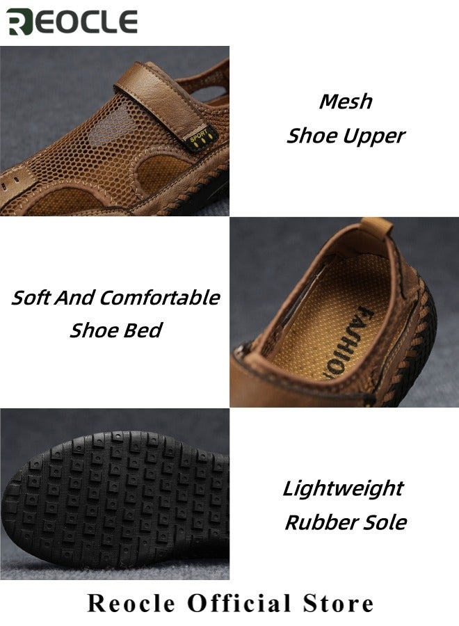 Men's Mesh Sandals Handmade Leather Slippers Casual Summer Hiking Shoes with Soft Sole Breathable Beach Sandals for Outdoor Use