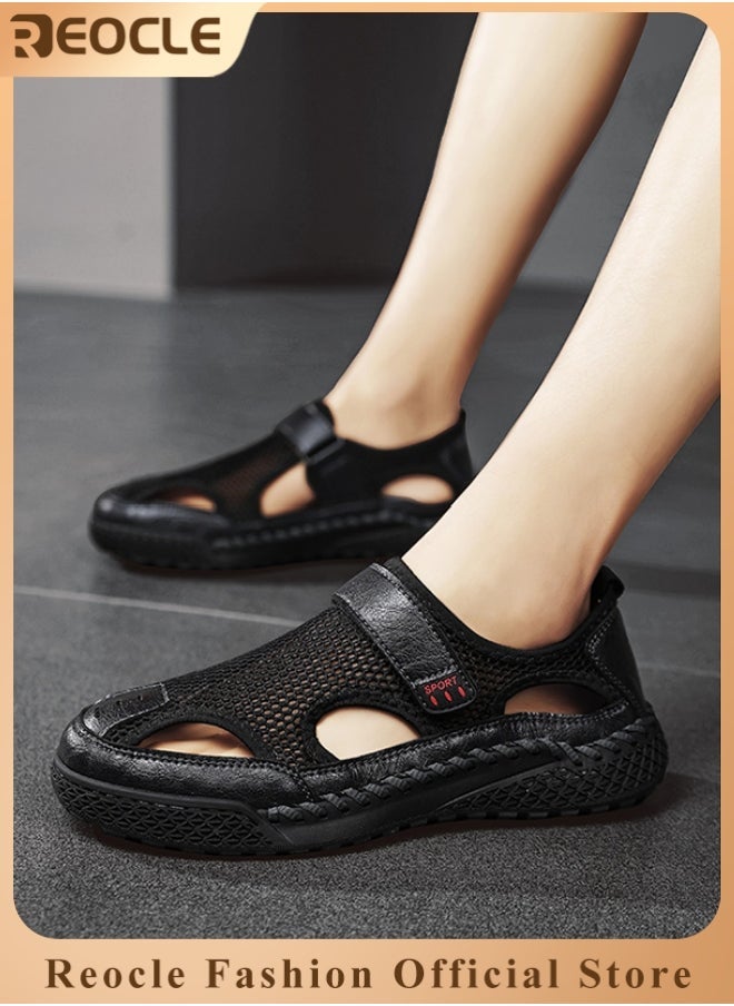 Men's Mesh Sandals Handmade Leather Slippers Casual Summer Hiking Shoes with Soft Sole Breathable Beach Sandals for Outdoor Use