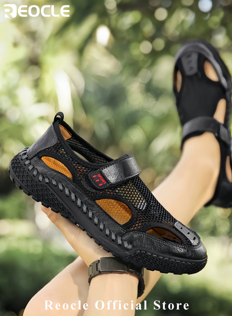 Men's Mesh Sandals Handmade Leather Slippers Casual Summer Hiking Shoes with Soft Sole Breathable Beach Sandals for Outdoor Use