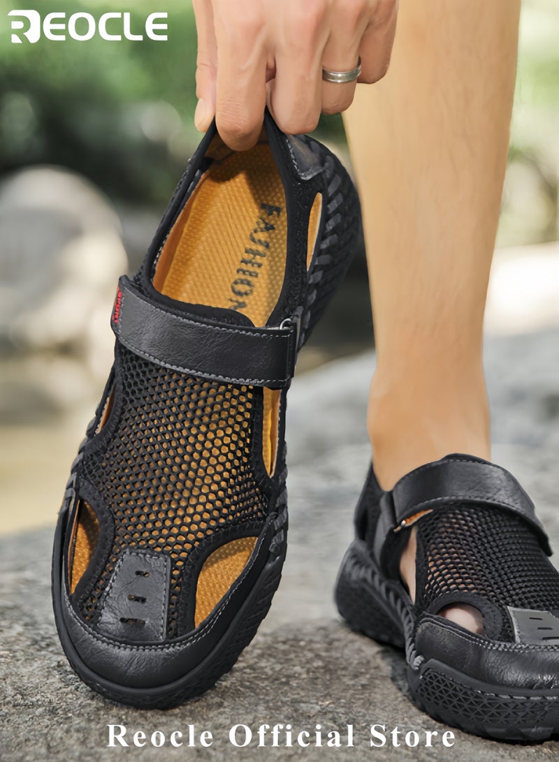 Men's Mesh Sandals Handmade Leather Slippers Casual Summer Hiking Shoes with Soft Sole Breathable Beach Sandals for Outdoor Use