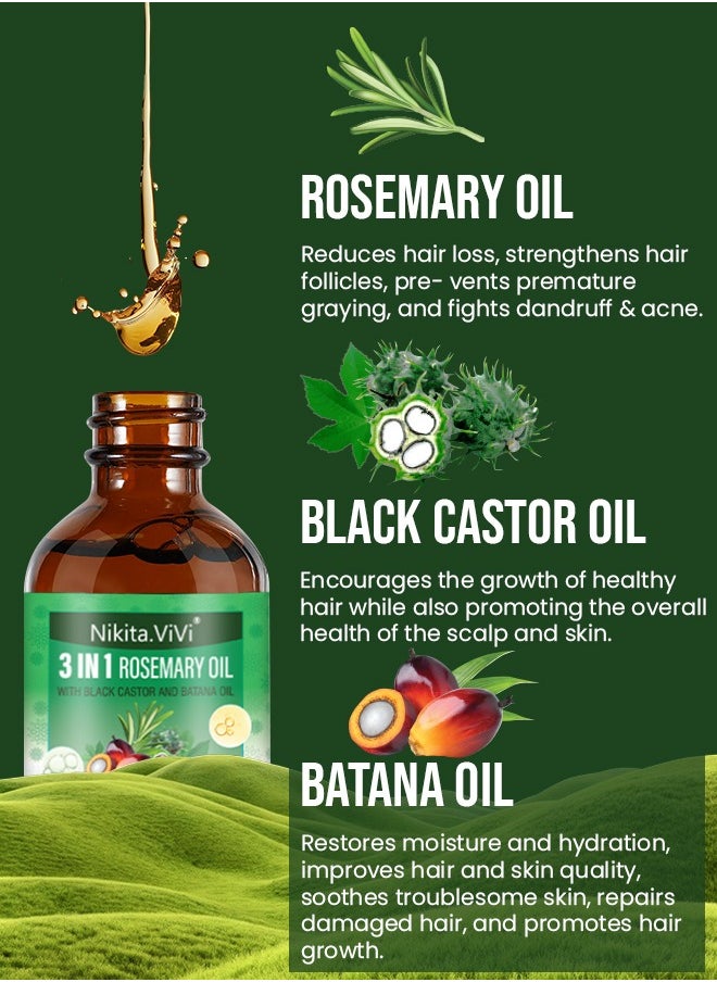 NIKITA.VIVI 3 In 1 Rosemary Oil with Black Castor Oil & Batana Oil for Hair Care Hair Conditioner Oil for Thin Hair Repair Damaged Hair Nourishes Thin Hair Scalp Skin and Loss Hair Growth Fit for All Hair Types Hair Oil  - Image 4