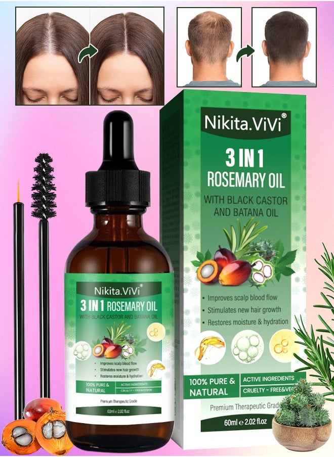 NIKITA.VIVI 3 In 1 Rosemary Oil with Black Castor Oil & Batana Oil for Hair Care Hair Conditioner Oil for Thin Hair Repair Damaged Hair Nourishes Thin Hair Scalp Skin and Loss Hair Growth Fit for All Hair Types Hair Oil  - Image 1