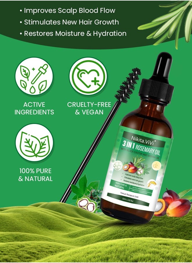 NIKITA.VIVI 3 In 1 Rosemary Oil with Black Castor Oil & Batana Oil for Hair Care Hair Conditioner Oil for Thin Hair Repair Damaged Hair Nourishes Thin Hair Scalp Skin and Loss Hair Growth Fit for All Hair Types Hair Oil  - Image 3