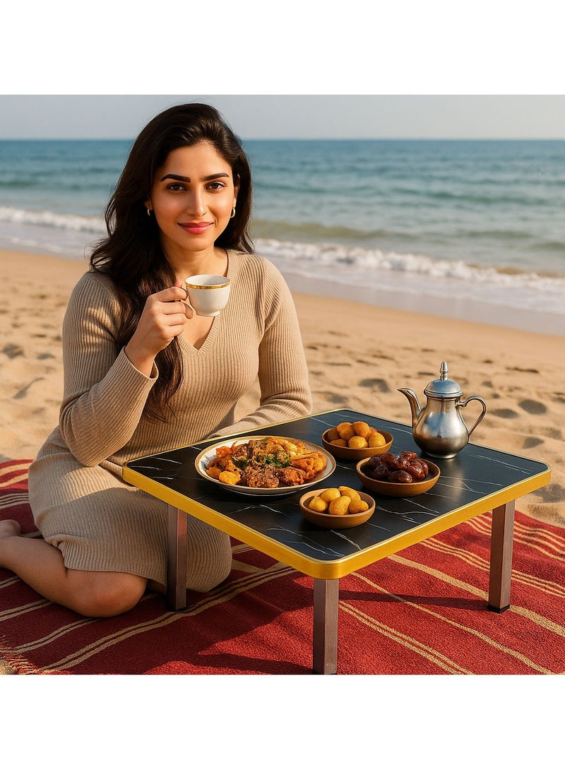 الأبخرة طاولة مجلس أرضية محمولة بلمسة نهائية من الرخام الأسود وحواف ذهبية وأرجل فولاذية، مثالية للشاطئ والتخييم الصحراوي وتناول الطعام في الهواء الطلق واحتساء الشاي.  - Image 5