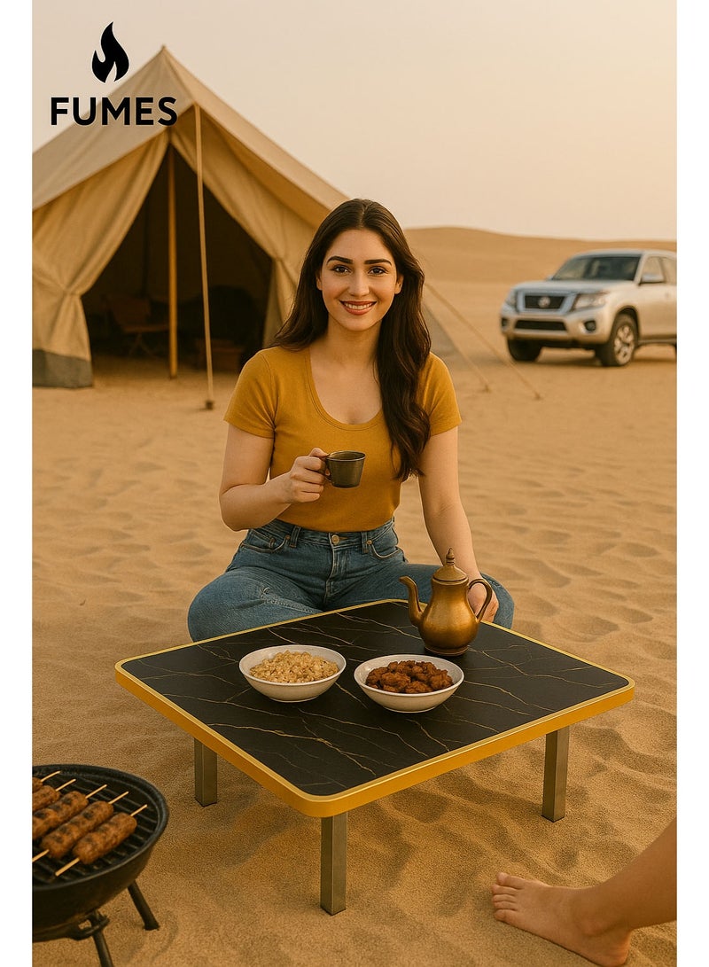 الأبخرة طاولة مجلس أرضية محمولة بلمسة نهائية من الرخام الأسود وحواف ذهبية وأرجل فولاذية، مثالية للشاطئ والتخييم الصحراوي وتناول الطعام في الهواء الطلق واحتساء الشاي.  - Image 4