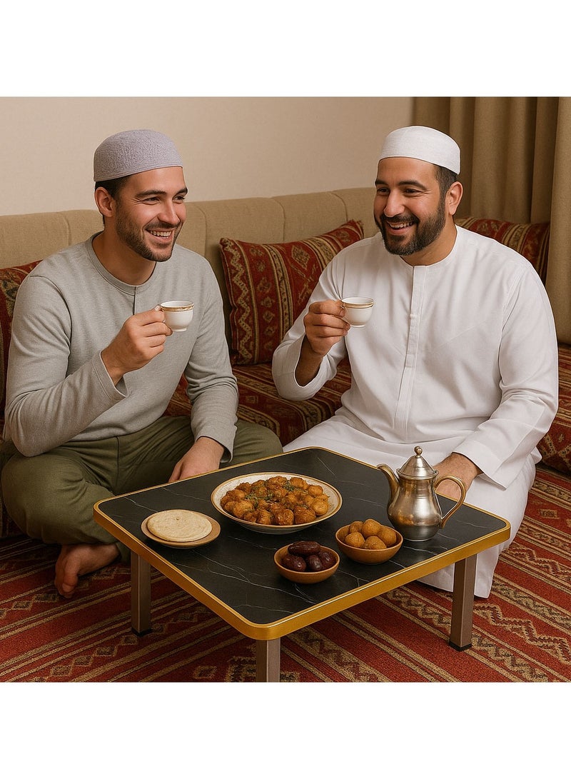 الأبخرة طاولة مجلس أرضية محمولة بلمسة نهائية من الرخام الأسود وحواف ذهبية وأرجل فولاذية، مثالية للشاطئ والتخييم الصحراوي وتناول الطعام في الهواء الطلق واحتساء الشاي.  - Image 3