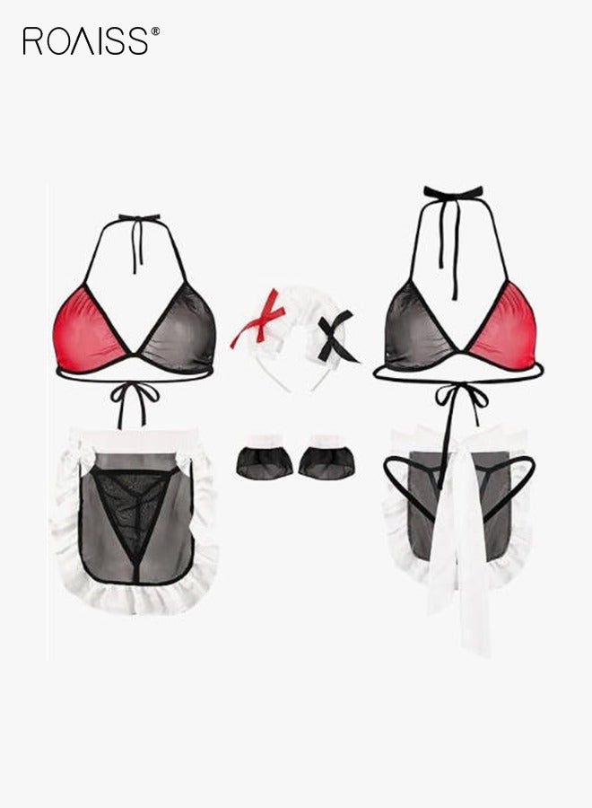 roaiss Maid Contrast Color Underwear Set for Women Mesh Three Point Type See Through Outfit Ladies Summer Romantic Maid Lingerie Suit Halterneck Intimates Adult Cosplay Costumes  - Image 1