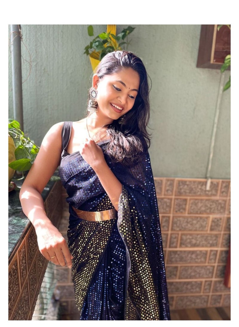 Grab Mantra - Georgette Ready To Wear Saree With Blue And Gold Sequence Work Plus Golden Metal Belt and Unstitched Blouse - Image 1