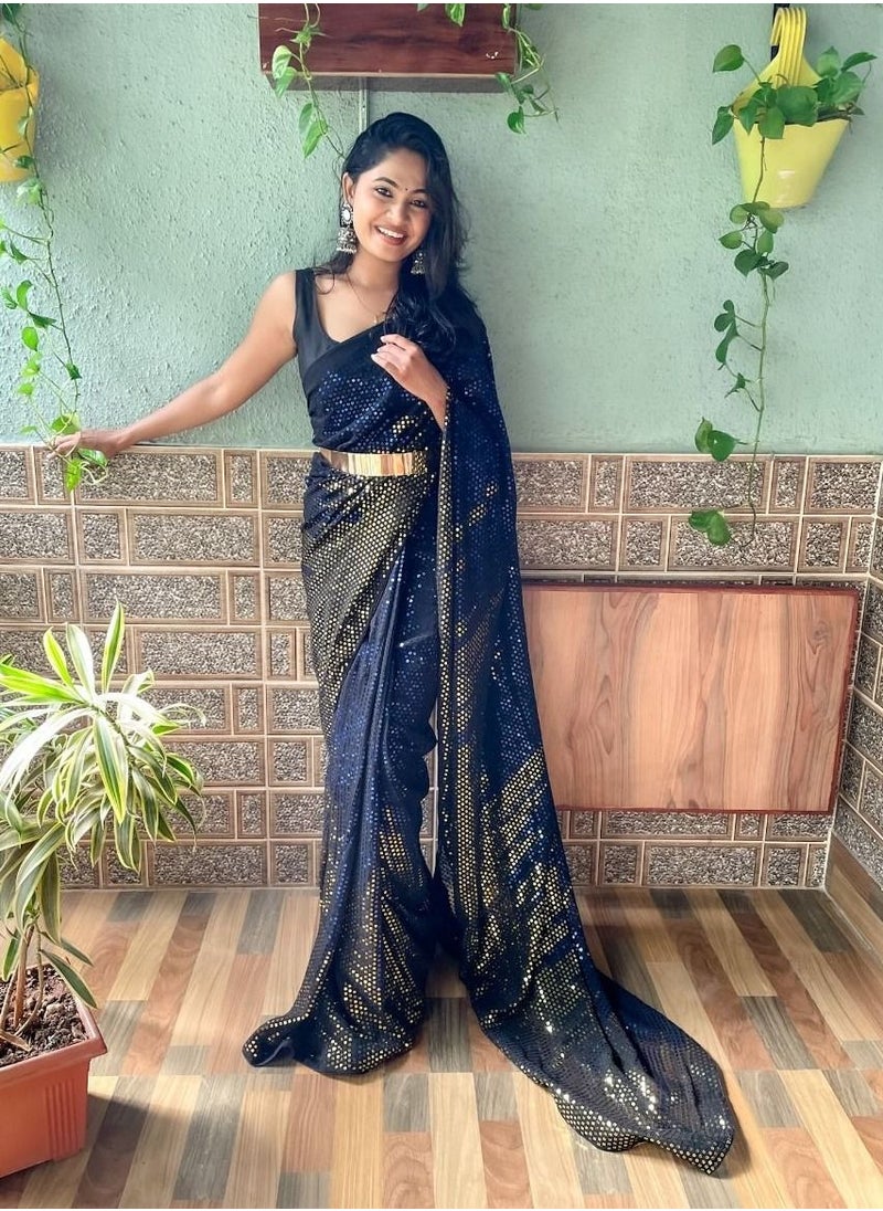 Grab Mantra - Georgette Ready To Wear Saree With Blue And Gold Sequence Work Plus Golden Metal Belt and Unstitched Blouse - Image 1